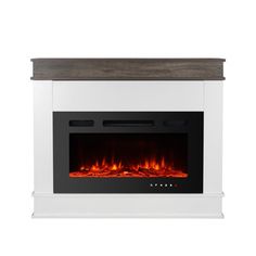 an electric fireplace with a wooden mantle and fire in the center, against a white background