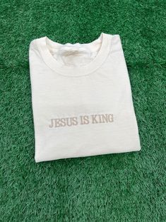 Jesus is King T-shirt, God is Good T-shirt, Christian Based Clothing, Faith Based Apparel, Embroidered Comfort Colors Shirt - Etsy Graphic Tee Shirt With Embroidered Graphics And Crew Neck, Graphic Tee With Embroidered Graphics And Crew Neck, Cotton Crew Neck Shirt With Embroidered Graphics, Embroidered Crew Neck Graphic Tee Shirt, Crew Neck Cotton Shirt With Embroidered Text, Aesthetic Christian Shirts, White Crew Neck Shirt With Embroidered Text, White Embroidered Text Crew Neck Shirt, Simple Bible Shirts