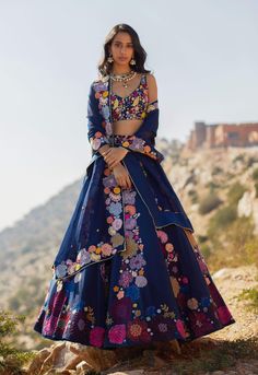 Mishru-Navy Blue Dahlia Lehenga-INDIASPOPUP.COM Rajasthani Mehndi, Lehenga Choli Latest, Indian Bridesmaid Dresses, Choli For Women, Printed Lehenga, Blue Dahlia, Organza Lehenga, Blue Lehenga, Indian Look