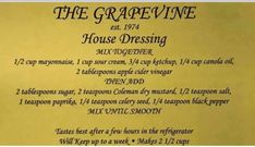 the grapevine house dressing recipe is shown on a yellow paper with black writing in it