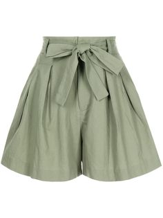 green cotton belted waist pleat detailing belt loops two side slit pockets above-knee length concealed front fastening Random Clothes, Yoko London, City Dress, Airport Fashion, Summer Beach Wear, Exclusive Fashion, Girly Outfits, Green Cotton, Cotton Shorts