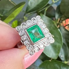 Stunning Antique Emerald & Rose Cut Diamonds Ring In Solid 18k White Gold. The Ring Is Not Stamped , But Was Tested To Guarantee. I Purchased This Ring Years Ago From A Local Estate Sale & Hoarded It For Myself, Even Though It Does Not Fit My Fingers . The Shank Is Thick And Well Made And I Was Hesitant To Disturb It By Resizing It To My Size, So I Never Wore This Stunning Piece ! I Do Not Have Carat Info For Stones , But The Emerald Is Approximately 7.3 X 6.5 Mm In Size, The Overall Ring “Face” Elegant Gia Certified Emerald Cluster Ring, Elegant Gia Certified Halo Ring, Elegant Asscher Cut Emerald Ring With Bezel Setting, Elegant Emerald Halo Ring For Anniversary, Formal White Gold Cluster Ring With Bezel Setting, Elegant Diamond Ring With Bezel Setting For May Birthstone, Elegant 14k White Gold Emerald Ring For Wedding, Anniversary White Gold Emerald Ring With Bezel Setting, Elegant Gia Certified Princess Cut Emerald Ring