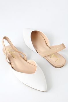 Lulus Exclusive! Step into style with the Lulus Mae White and Nude Pointed-Toe Slingback Flats! These vegan leather cuties are the perfect blend of chic and sensible with their low-maintenance flat sole, comfortable nude elastic slingback, and cute notched pointed-toe upper. 0. 25" rubber heel. Cushioned insole. Rubber sole has nonskid markings. All vegan friendly, man made materials. Imported. Lulus | Mae White and Nude Pointed-Toe Slingback Flats | Size 9 | Vegan Friendly. Synthetic Flat Heel Slingback Sandals, Flat Synthetic Slingback Pumps For Spring, Flat Synthetic Slingback Pumps For Summer, Flat Heel Synthetic Slingback Pumps, Closed Toe Synthetic Slingback Sandals With Rubber Sole, Slip-on Synthetic Slingback Sandals With Cushioned Footbed, Synthetic Slip-on Slingback Sandals With Removable Insole, Cushioned Slip-on Slingback Sandals In Synthetic Material, Cushioned Synthetic Slip-on Slingback Sandals