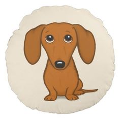 a brown dog sitting on top of a white floor cushion with a cartoon style dachshund looking at the camera