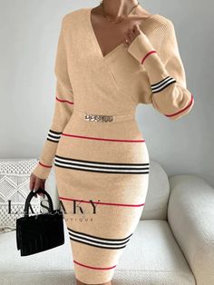 Lasaky - Chic and Versatile V-Neck Striped Sweater Midi Dress with Long Sleeves and Exceptional Elasticity Church Outfit Winter, Sweater Midi Dress, Striped Bodycon Dress, Dress With Long Sleeves, Long Sleeve Sweater Dress, Sweater Dress Women, Sweater Dress Midi, Long Sleeve Midi, Long Sleeve Midi Dress