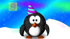 a cartoon penguin wearing a party hat and standing in the snow with an aurora background