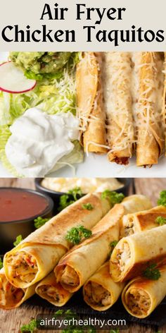 air fryer chicken taquitass on a cutting board with lettuce and sauce