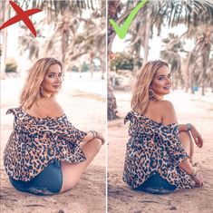 a woman sitting on the ground in front of palm trees wearing a leopard print top