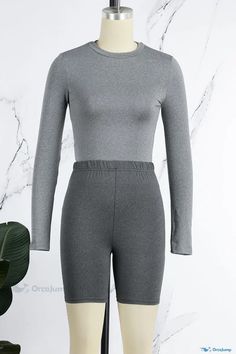 OrcaJump - Classic Grey Casual Sportswear: Solid Basic O-Neck Long Sleeve Two-Piece Set Casual Gray High Stretch Bodysuit, Casual High Stretch Gray Bodysuit, Casual Gray Long Sleeve Bodysuit, Casual High Neck Activewear For Yoga, Casual High Neck Yoga Activewear, Casual High-neck Yoga Activewear, Casual Gray Bodysuit For Workout, Casual Long Sleeve Workout Bodysuit, Grey Two Piece