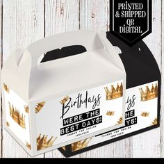 two birthday boxes with gold crowns on them, one is white and the other is black