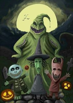 three cartoon characters dressed up in halloween costumes