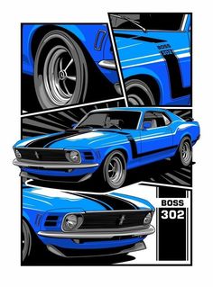 two pictures of the front and back of a blue mustang muscle car with black stripes