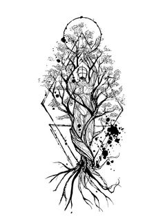 a black and white drawing of a tree