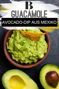 guacamole in a bowl with an avocado chip