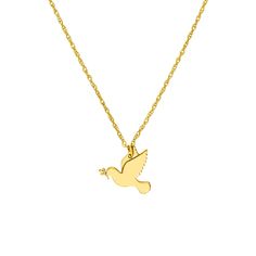 Beautifully handcrafted Gold Dove Necklace with 14 Karat gold. This makes a fantastic gift choice for any of your loved ones and friends.  Sizing: 10mm , Adjustable Gold Chain 16 - 18 Inches  Heirloom Quality: Each charm is handcrafted in California with real 14 karat solid gold, comes with a "14K" quality hallmark stamped on each piece. Quality That Will Last: Made from solid hypoallergenic gold, you can be sure that no issues will arise from long wears. Not gold plated or gold filled. Perfect Dove Jewelry, Dove Necklace, Dove Bird, Bird Charm, Animal Jewelry, Fantastic Gifts, Paloma, Necklace Pendant, Gold Chain