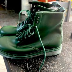 New Green Color Never Been Wear Green Boots With Rubber Sole For Spring, Green Casual Combat Boots With Round Toe, Casual Green Combat Boots With Round Toe, Green Lace-up Casual Boots, Casual Green Ankle Boots, Green Casual Lace-up Boots, Casual Green Lace-up Boots, Green Leather Boots For Streetwear, Casual Green High-top Boots