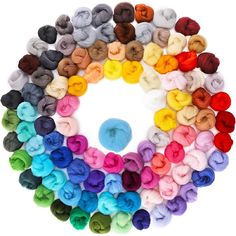 several skeins of yarn arranged in a circle on a white background with the colors of each skein