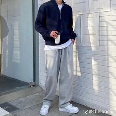 Dark Blue Zip Up Hoodie Outfit, Blue Half Zip Sweater Outfit, Tall Guy Fashion, Half Zip Up Sweater Outfit, Outfits For Tall Guys, Blue Zip Up Hoodie Outfit, Korean Men Outfits, Tall Guy Outfits, Blue Pullover Outfit