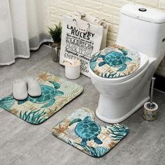 bathroom rugs and toilet mats with sea turtle on them