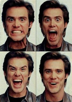 four different pictures of a man with his mouth open and eyes wide open, making faces