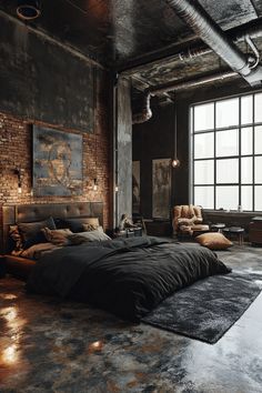 ♥ Are you looking to transform your bedroom into a cozy industrial oasis? Dive into the allure of this industrial bedroom featuring modern decor and rustic industrial touches. Perfect for those seeking home bedroom refresh ideas and industrial interior design inspiration. 🛏️🏙️ #IndustrialDecor #IndustrialDesign #BedroomInspo Cozy Masculine Bedroom, Masculine Bedroom Ideas For Men, Old Money Bedroom, Masculine Bedroom Ideas, Book Bedroom, Modern Loft Apartment, Winter Bedroom Decor, Industrial Decor Bedroom