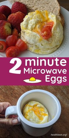 two pictures with eggs and strawberries on them, one has an egg in the middle