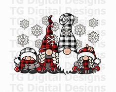 three gnomes with hats and snowflakes in the background