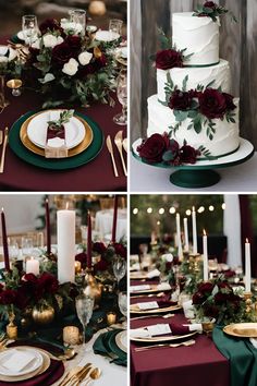 wedding cake with red flowers and greenery on top, surrounded by candles and place settings