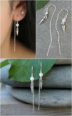 "Dainty pair of 925 sterling silver threader earrings with small cubic zirconia stones and mini picks. Simply insert the skinny bar into your ear piercing and pull it through until the \"U\" shaped section settles in your piercing, super simple and easy to do! You will receive a PAIR :) C O M P O N E N T S Ear threaders - 60mm long, 925 sterling silver Cubic zirconia - 4mm, set in 925 sterling silver bezels Mini picks - 6mm, 925 sterling silver *925 sterling silver components are considered a li Embossed Jewelry, Silver Wire Earrings, Silver Threader Earrings, Pretty Ear Piercings, Bracelets Design, Wire Jewelry Designs, Constellation Necklace, Ear Piercing, Pinterest Closet