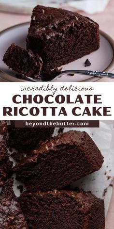 This Chocolate Ricotta Cake is a cheesecake and cake all in one that's moist and rich, with an insane amount of chocolate flavor in each bite! It's a super easy recipe to make that tastes absolutely fantastic! Top it off with some mini semi-sweet chocolate chips for an even deeper chocolate flavor! Find the full printable recipe on BeyondtheButter.com. Chocolate Ricotta Cake, Chocolate Ricotta, Desserts With Chocolate Chips, Double Chocolate Muffins, Sour Cream Coffee Cake, Ricotta Cake, Chocolate Chip Ice Cream