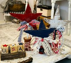 patriotic decorations are displayed on a table