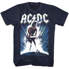 "AC/DC Men's T-Shirt by American Classics Part Scottish, part Aussie, 100% Rock Legends! Formed in Sydney in 1973, AC/DC went from Dirty Deeds Done Dirt Cheap on the Highway to Hell to Back to Black in The Flick of the Switch! They have sold over 200 million albums worldwide and they are still working on new music. Wear some rock history, this cool ACDC Chrome Guitar  Men's T-Shirt has a vintage style print with a distressed look as if you bought it at an AC/DC Concert Tour in the 80's     What' Acdc Tee, Acdc Angus Young, Acdc Angus, Acdc Shirt, Angus Young, Rock And Roll Bands, Disney Stars, Young T, Band Shirts