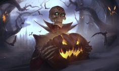 an animated image of a skeleton holding a pumpkin