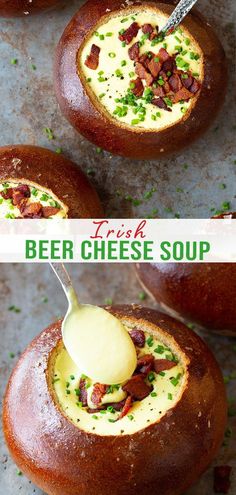 a spoon is being used to dip some food into the soup in this bread bowl