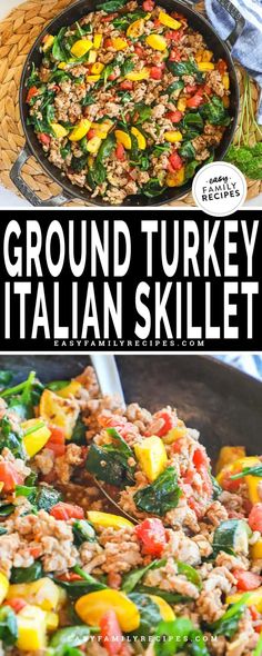 ground turkey italian skillet with spinach and vegetables in it, on a plate