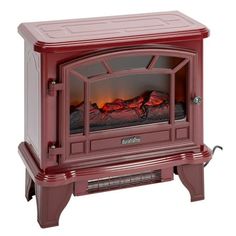 a red stove with the door open and fire burning in it's side burner