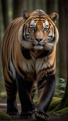 a tiger is walking through the woods