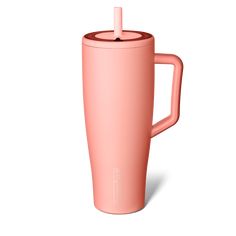 a pink coffee cup with a straw in the top and handle is shown against a white background