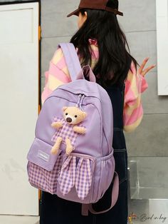 BirdinBag - Functional Gingham Backpack with Cartoon Bear & Letter Patch Design Gingham Bags For Travel And Back To School, Back To School Travel Bags In Gingham, Back To School Gingham Travel Bags, Gingham Travel Backpack, Travel Backpack In Gingham, Gingham Backpack For Everyday Use And Back To School, Back To School Gingham Backpack For Everyday Use, Back To School Gingham Bags, Preppy Gingham Backpack