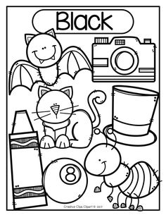 a black and white coloring page for children with pictures of animals, hats, and other things