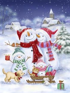 two snowmen are standing next to each other in the snow with presents and a dog