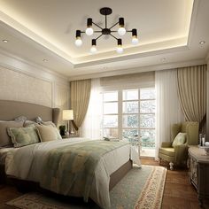 a bedroom with a large bed and lots of lights on the ceiling, along with two chairs