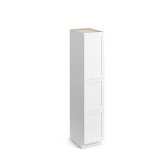 a tall white cabinet with two doors on one side and an open door on the other