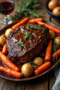 a plate with meat, carrots and potatoes on it