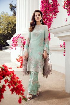 Beautiful chiffon dress by Imrozia in light mint green color work embellished with threads embroidery and patches work. Shirt: Chiffon Shirt is presented with light mint green color hand work embroidered work of threads. Gheerah is embellished with embroidered chiffon patch. Sleeves and front, back of shirt is designed with beautiful organza handwork embroidered patch. Trouser: Designer Chiffon Suit in Light mint green Color is paired with dyed raw silk embroidered trouser which is giving a beau डिजाइनर कपड़े, Chiffon Suit, Mint Green Color, Light Mint Green, Salwar Kamiz, Chiffon Collection, Pakistani Bridal Dresses, Designer Replica, Clothes Shopping