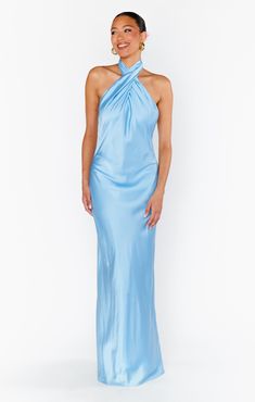 Check out Jasmine Halter Maxi Dress ~ Steel Blue Luxe Satin. Get $10 off + free shipping with Club Mumu. Pastel Dress Formal, Light Blue Satin Dress, Baby Blue Bridesmaid Dresses, Garden Wedding Dress Guest, Maternity Dress Wedding Guest, Pastel Floral Dress, Light Blue Bridesmaid, Maternity Dress Outfits, Dress Satin Bridesmaid