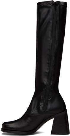 Handcrafted knee-high paneled buffed leather and stretch faux-leather boots in black. · Square toe · Zip closure at inner sides · Padded leather footbed · Stacked leather block heel with rubber injection · Buffed leather sole · Heel: H3.25 in Supplier color: Black Black Knee-high Platform Boots With Leather Sole, Leather Knee-high Boots With Pointed Toe, Fitted Leather Knee-high Boots With Pointed Toe, Faux Leather Knee-high Boots With Leather Lining For Work, Fitted Knee-high Faux Leather Platform Boots, Fitted Knee-high Boots With Zipper Closure And Round Toe, Knee-high Platform Boots With Reinforced Heel, Formal Black Platform Boots With Zipper Closure, Modern Black Leather Knee-high Boots