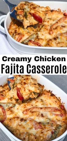 two pictures of creamy chicken and fajita casserole in white dishes with spoons