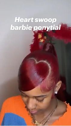 Heart Side Swoop Ponytail, Heart Side Part Ponytail, Extended Ponytail Weave With Swoop, 99j Ponytail, Heart Slick Back Ponytail, Heart Part Ponytail, Heart Swoop Ponytail, Valentines Hairstyles Black Women, Valentine’s Day Hairstyles Black Women