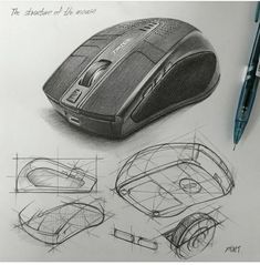 a drawing of a computer mouse on top of a table next to a pen and paper